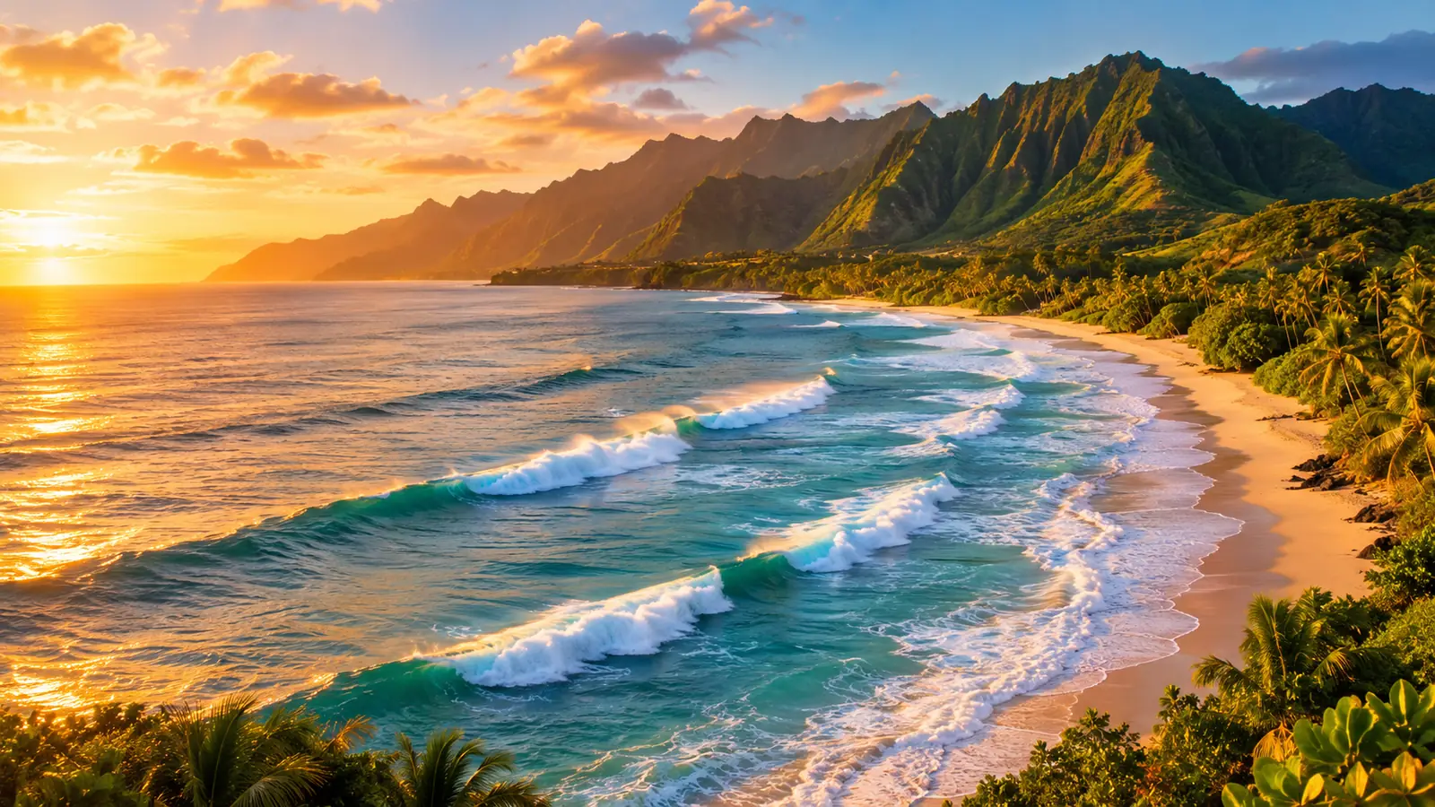 Küstenlinie der North Shore von Oahu in der goldenen Stunde mit Wellenreihen
