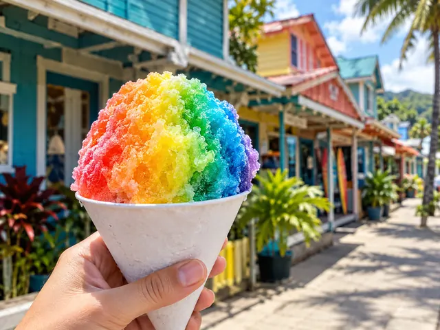 Regenbogen-Shave-Ice vor bunten Ladenfronten in Haleiwa