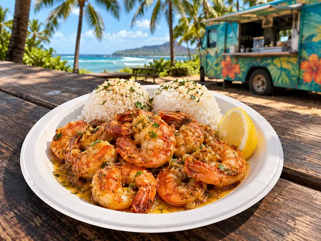 Teller mit Knoblauchbutter-Shrimps und Reis neben einem Food-Truck