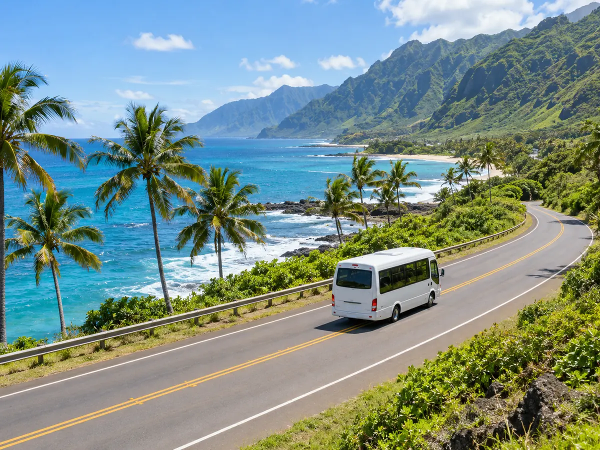 Tour-Minibus auf der Küstenstraße der North Shore von Oahu
