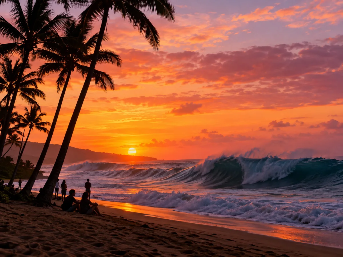 Sonnenuntergang über den Wellen am Sunset Beach an der North Shore von Oahu