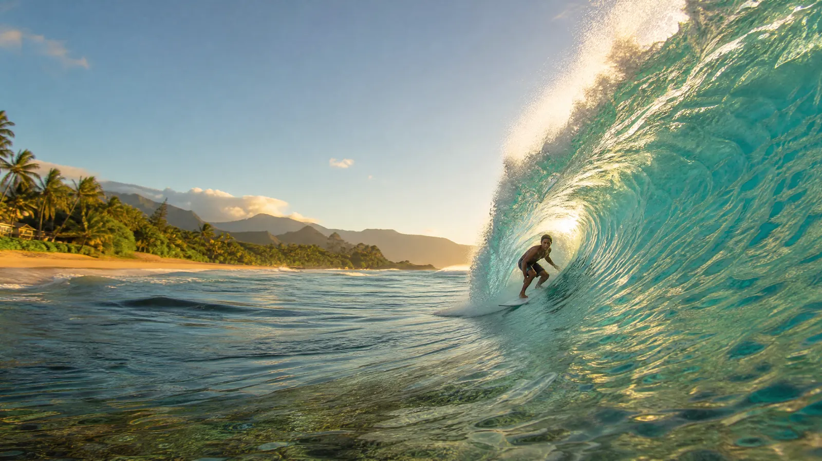 Surfer reitet eine türkisfarbene Röhrenwelle an der North Shore von Oahu